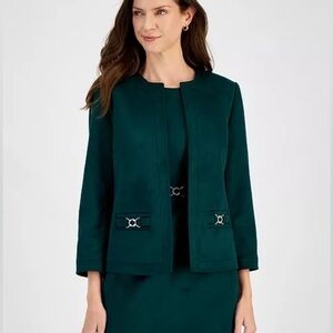 NWT Kasper Faux Suede Framed Open Front Collarless Jacket 8P Petite Evergreen